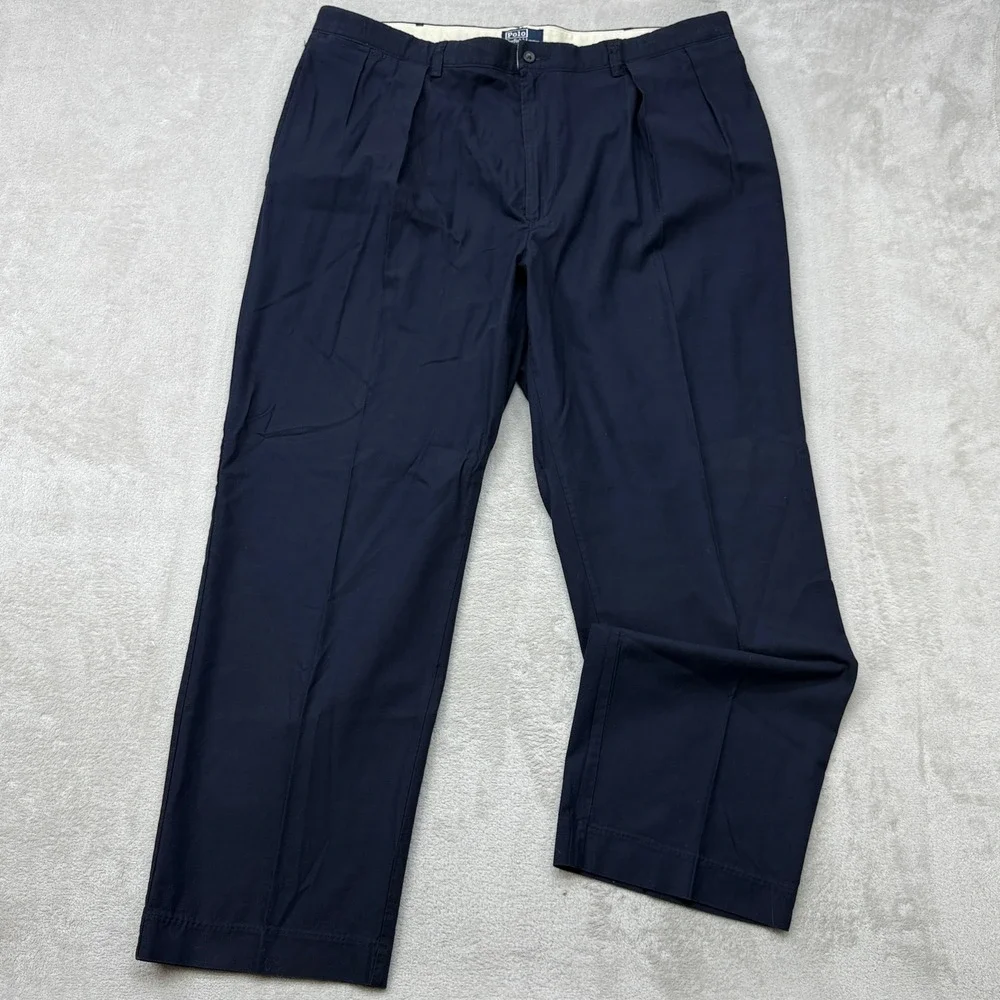 VTG Polo Ralph Lauren Chino Pants Mens 42x30 Navy Blue Double Pleated Cotton USA